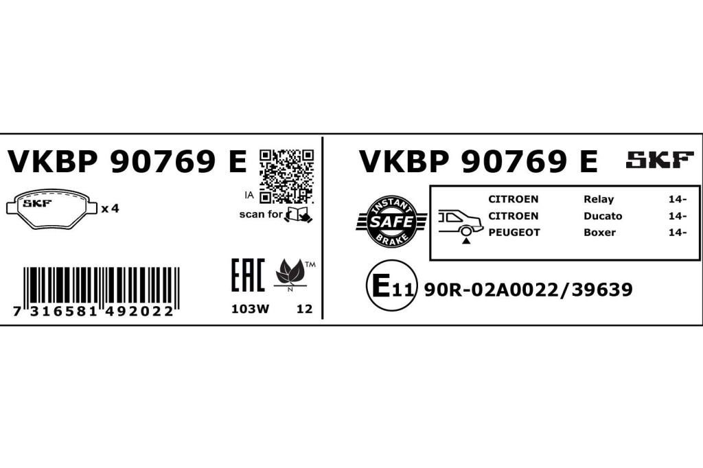 Jeu de 4 plaquettes de frein SKF ref. VKBP 90769 E